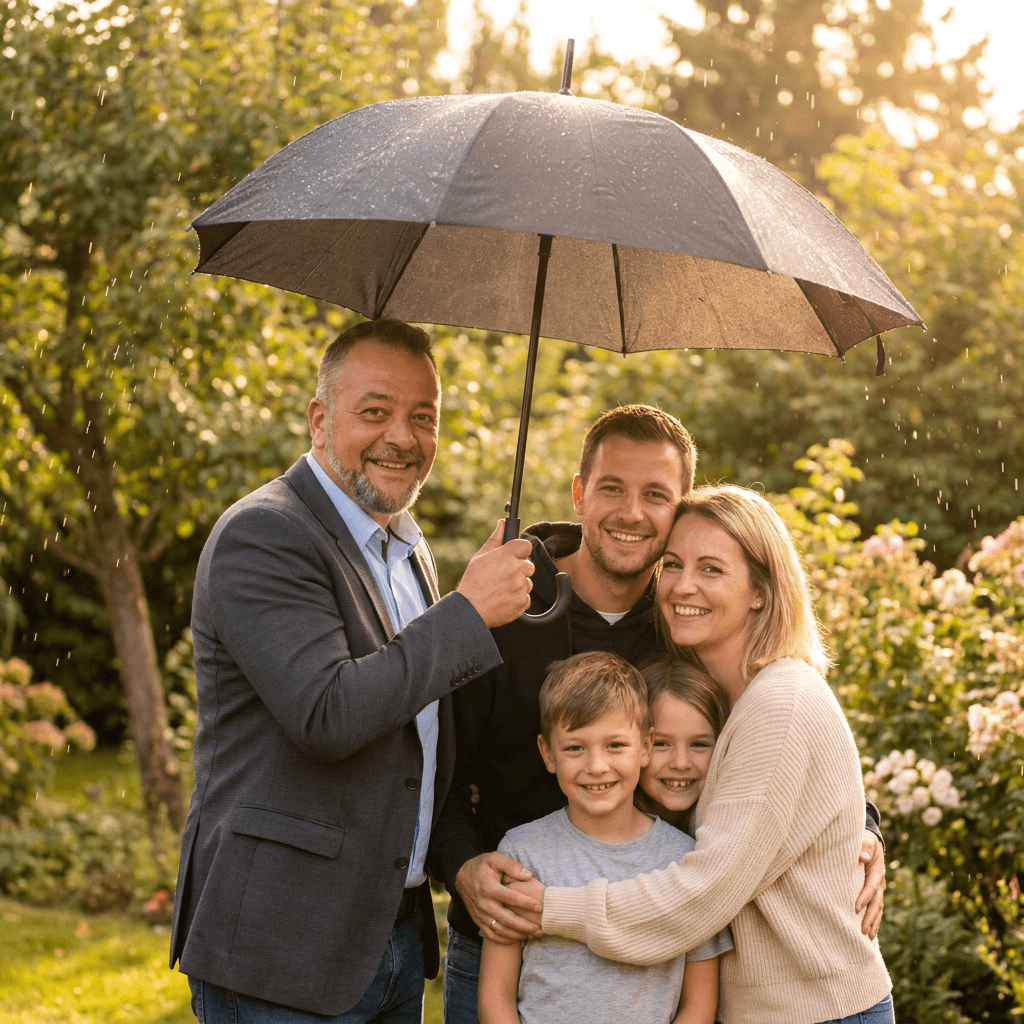 Artur Butsch hält schützend einen Regenschirm über eine Familie