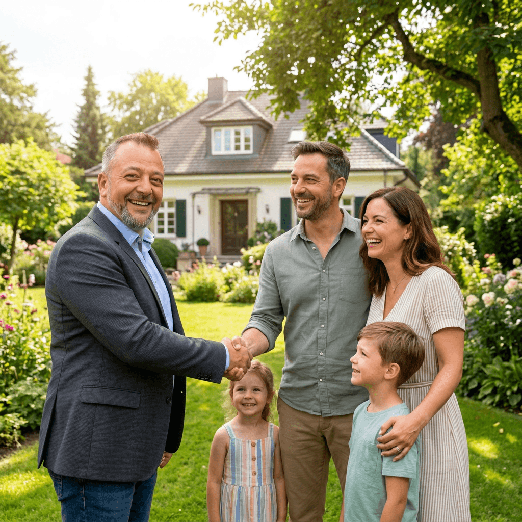 Familie vor ihrem Haus, im Gespräch mit Artur Butsch