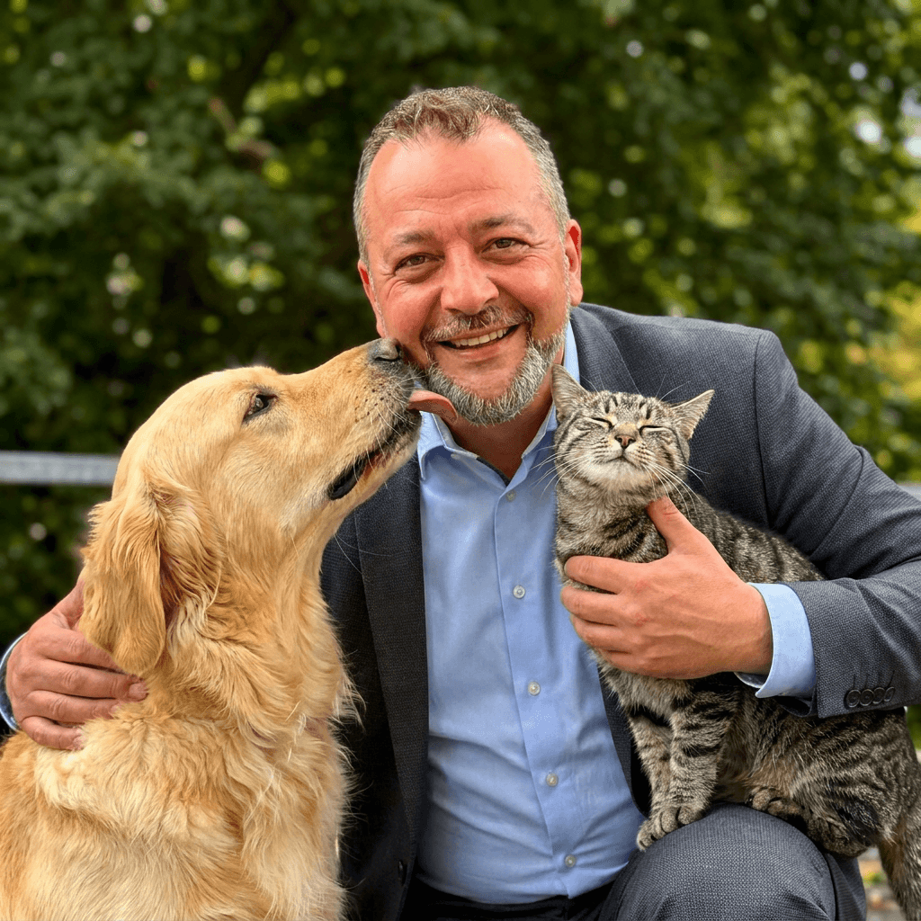 Artur Butsch mit Hund und Katze